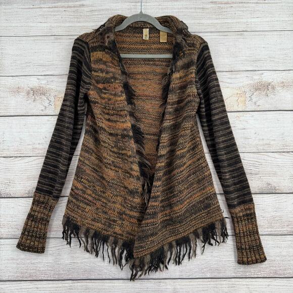 Buckle BKE Wool Blend Fringed Open Front Cardigan Sweater Womens M Brown Black - Picture 1 of 12